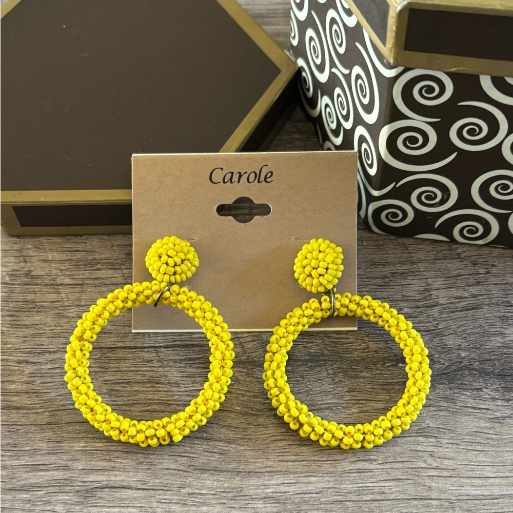 Bright Yellow Beaded Hoop Earrings